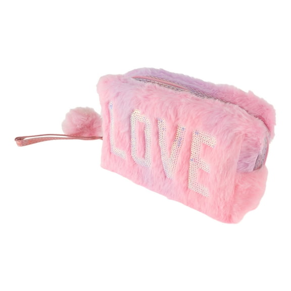 1 Pc Women Portable Sequin LOVE Makeup Bag for Travel Vacation Camping Pink Plush
