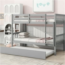 JERFIT Grey 3-in-1 Convertible Bunk Bed with Trundle, Twin Size Rubber Wood Loft Bed with Ladder, Guardrails, and Storage Space Saver
