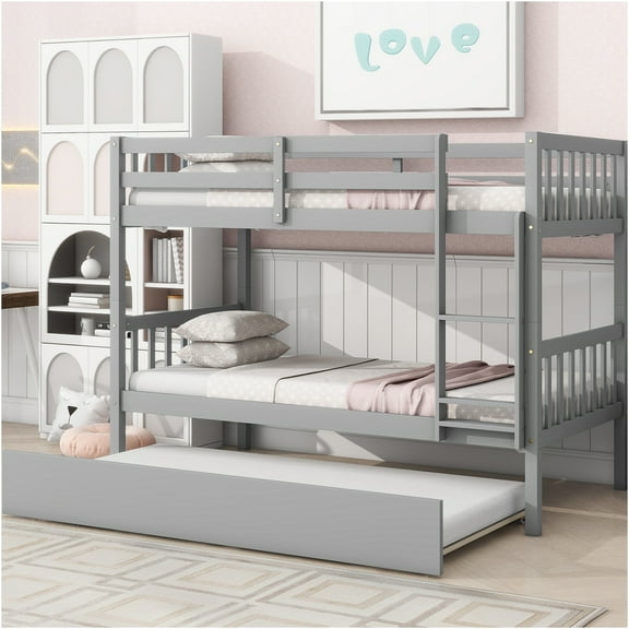 JERFIT Grey 3-in-1 Convertible Bunk Bed with Trundle, Twin Size Rubber Wood Loft Bed with Ladder, Guardrails, and Storage Space Saver