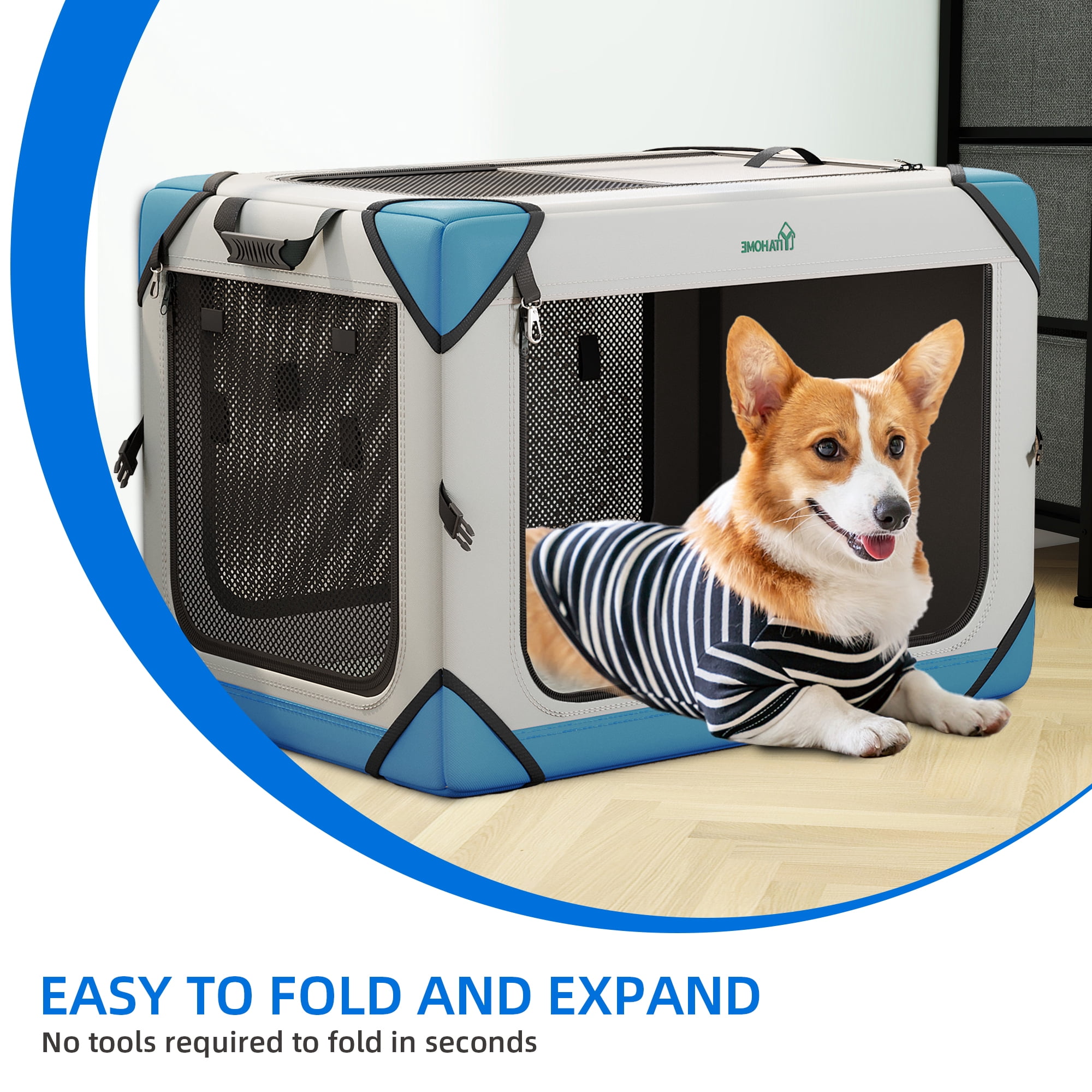 Dextrus Portable Dog Travel Crate, Large Collapsible Pet Carrier with 4 Doors and Sturdy Mesh Windows, Soft Dog Kennel for Indoor and Outdoor Use(20" L x 13" W x 15" H)