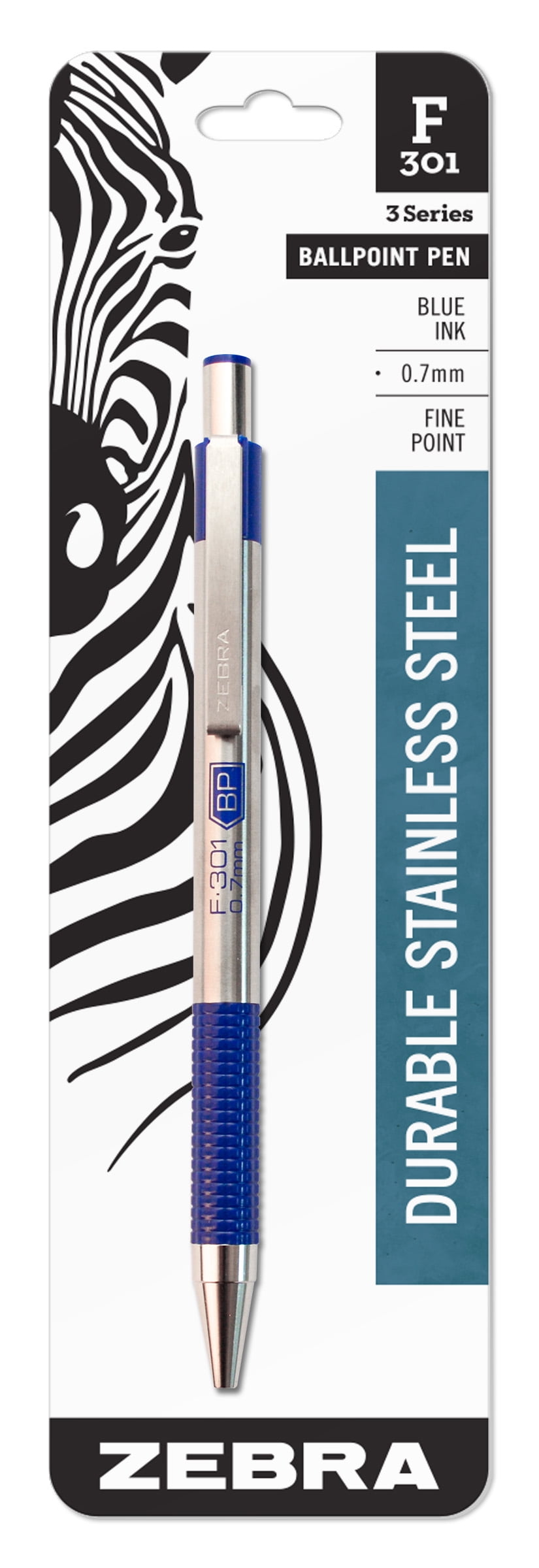 Zebra F-301 Ballpoint Stainless Steel Retractable Pen, Fine Point, 0.7mm, Blue Ink, 1-Count