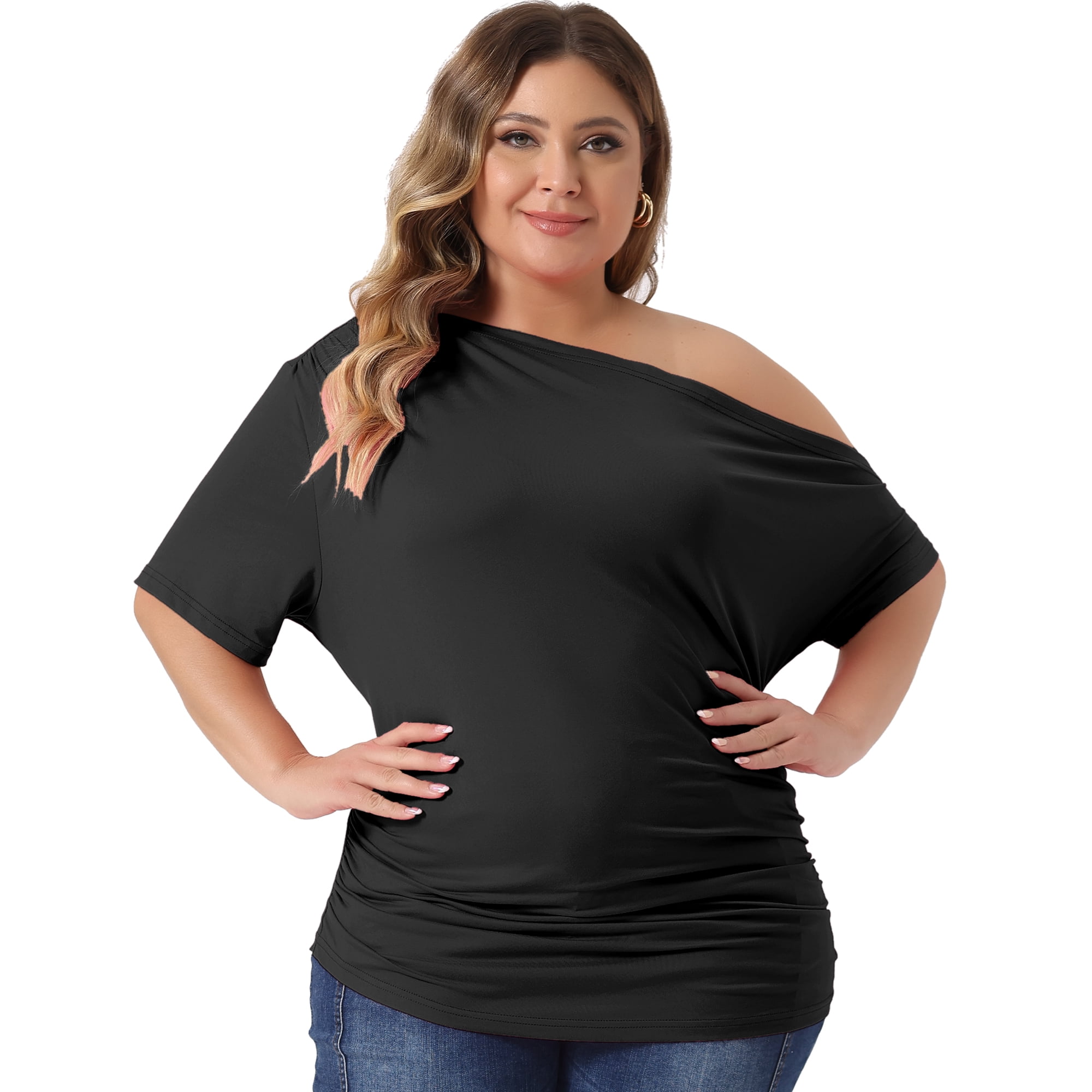Women's Plus Tops One Shoulder Short Sleeve Ruched Basic Blouses Summer Tee Tops 3X Black
