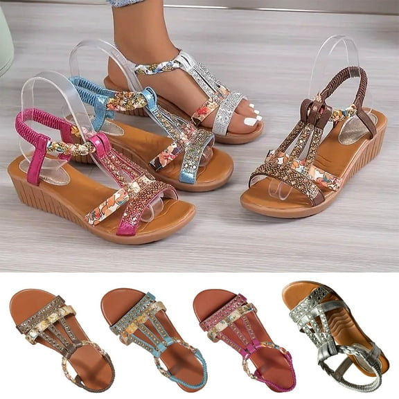 Jacenvly 2024 New Women's Mouth Slip-On Slope Heel Shoes Casual Bohemian Rhinestone Roman Sandals Brown Sandals for Women
