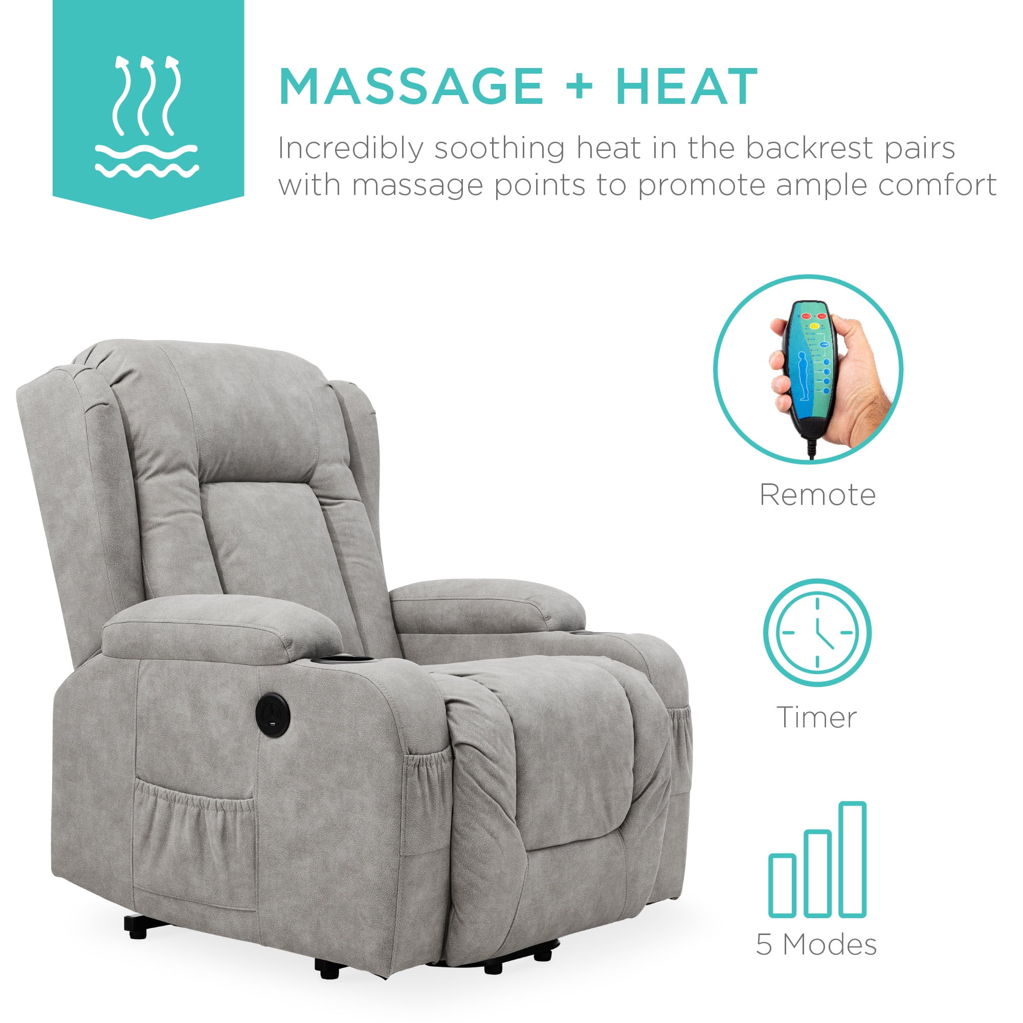 Best Choice Products Electric Power Lift Recliner Massage Chair Furniture w/ USB Port, Heat, Cupholders - Gray