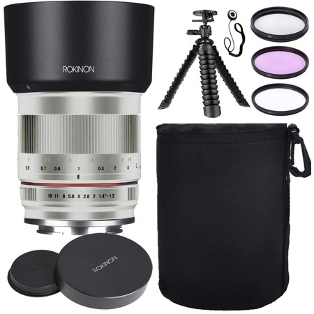 Rokinon 50mm F1.2 High Speed Mirrorless Lens for Sony E-Mount (Silver) w/Lens Hood + Protective Lens Case  Spider Flex Tripod & Other Accessory Bundle