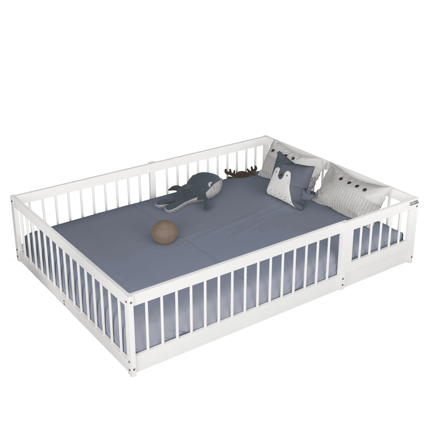 MIMI BEDS Dream Raft Floor Bed with Guardrails, Solid Pine Wood Frame, Double, White