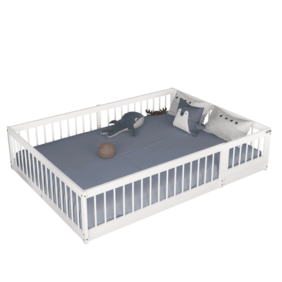 MIMI BEDS Dream Raft Floor Bed with Guardrails, Solid Pine Wood Frame, Double, White