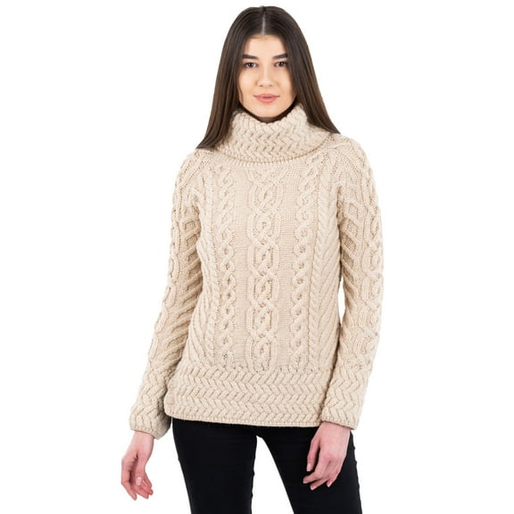 SAOL 100% Merino Wool Women's Aran Oversized Cable Knit Fisherman Sweater High Neck Irish Pullover Made in Ireland