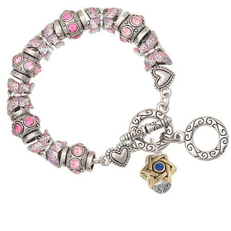 Crystal Star Charm Bracelet - Goldtone Star of David with Blue Crystal Spinner Pink Butterfly Bead Charm Bracelet