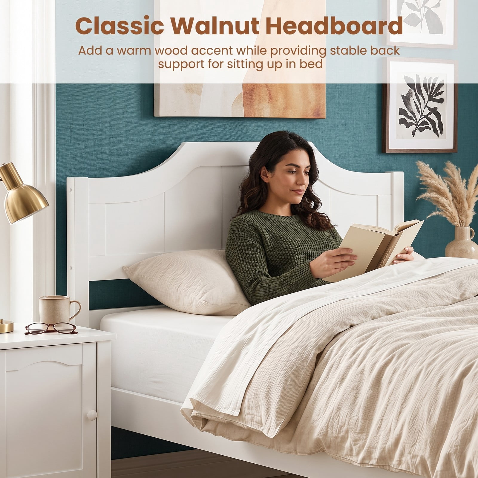 Furnibear Queen Size Bed Frame Solid Wood Platform Bed Frame with Curved Headboard and Footboard for Bedroom and Guest Room, White
