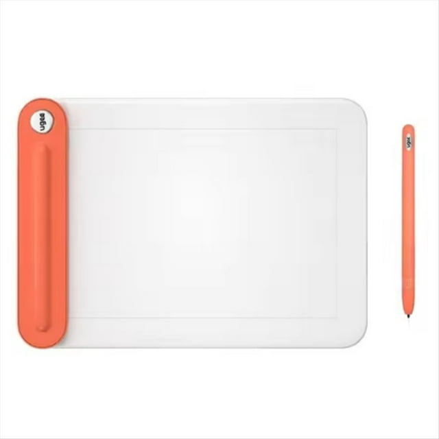 pizarra digital q8w con bluetooth, pizarra inalámbrica para dibujar una mano, clases en línea, dibujo electrónico manuscrito — vista cenital frontal de una tableta de dibujo electrónica blanca con superficie sensible y marco rectangular; barra lateral naranja y lápiz táctil naranja a la derecha; diseño ligero y portátil según especificaciones, ideal para clases en línea y bocetos, y suele usarse también para tomar notas rápidas.