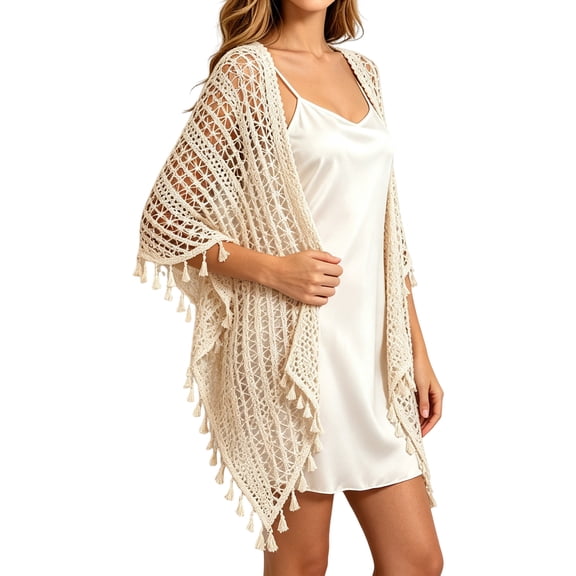 Lightweight Crochet Shawl for Women, Openwork Wrap With Hem for Cafe Looks, Travel, and Beach Days