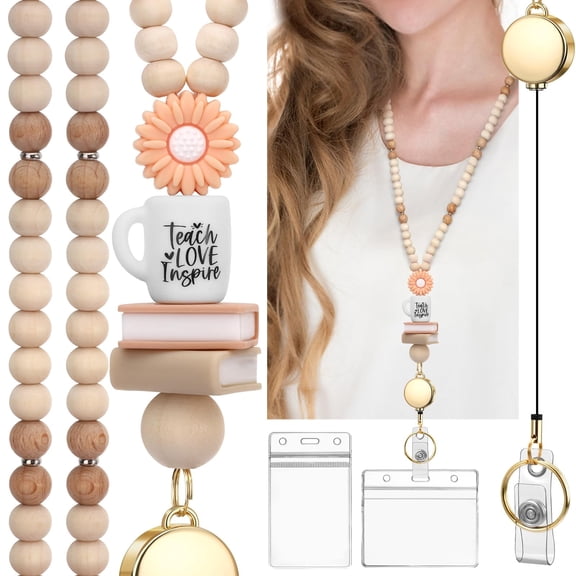 Deally Retractable Teacher Lanyard with 2 Clear ID Card Holders Natural Wooden Beaded Lanyard for Women Teachers and Staff