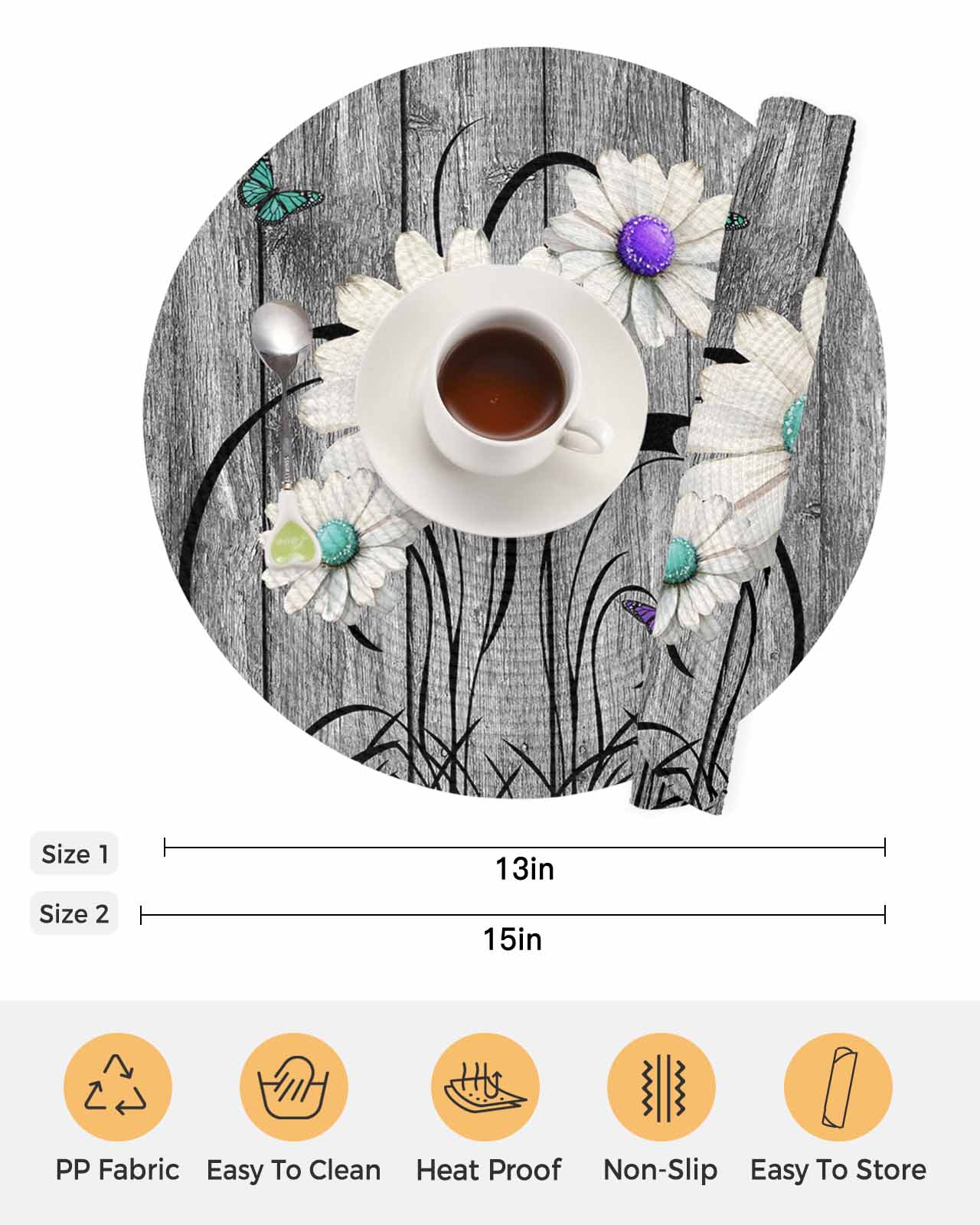 Round Placemats Set of 4 Rustic Daisy Place Mats Washable Woven Placemat Teal Sunflower Grey Wood Grain Circle Braided Table Mat for Kitchen Dining Table Party Home Decor 15 Inch