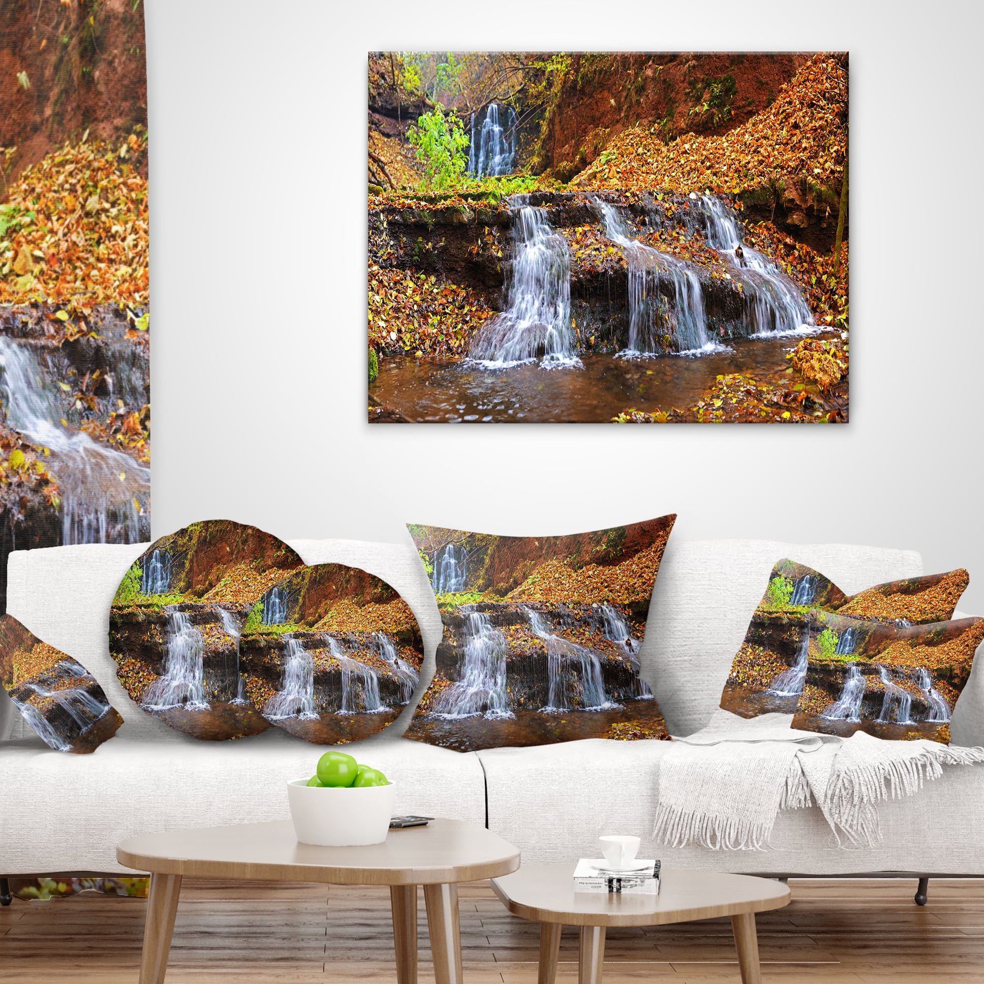 Designart Dniester Canyon Spring Waterfalls - Landscape Photography Throw Pillow - 18x18