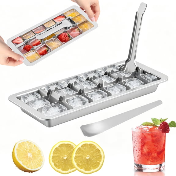 Xdziklosj Stainless Steel Ice Cube Tray with Lever 18 Compartment Reusable Freezer Mold with Scoop for Ice Baby Food Beverage