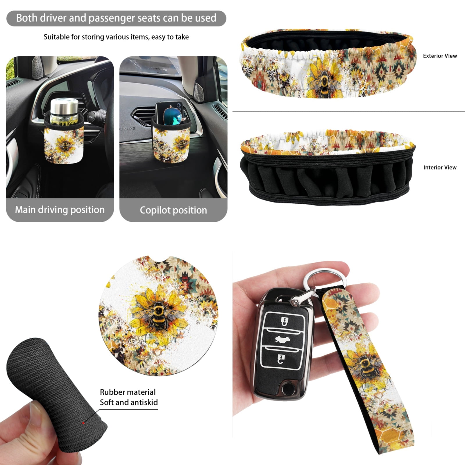 Yuyamidu Bee Car Seat Cover 15 PCS Sunflower Auto Front Back Seat Cover with Steering Wheel Cover Seat Belt Pads Trash Bin Auto Storage Organizer Rearview Mirror Cover Cup Holder Wrist Key Chain