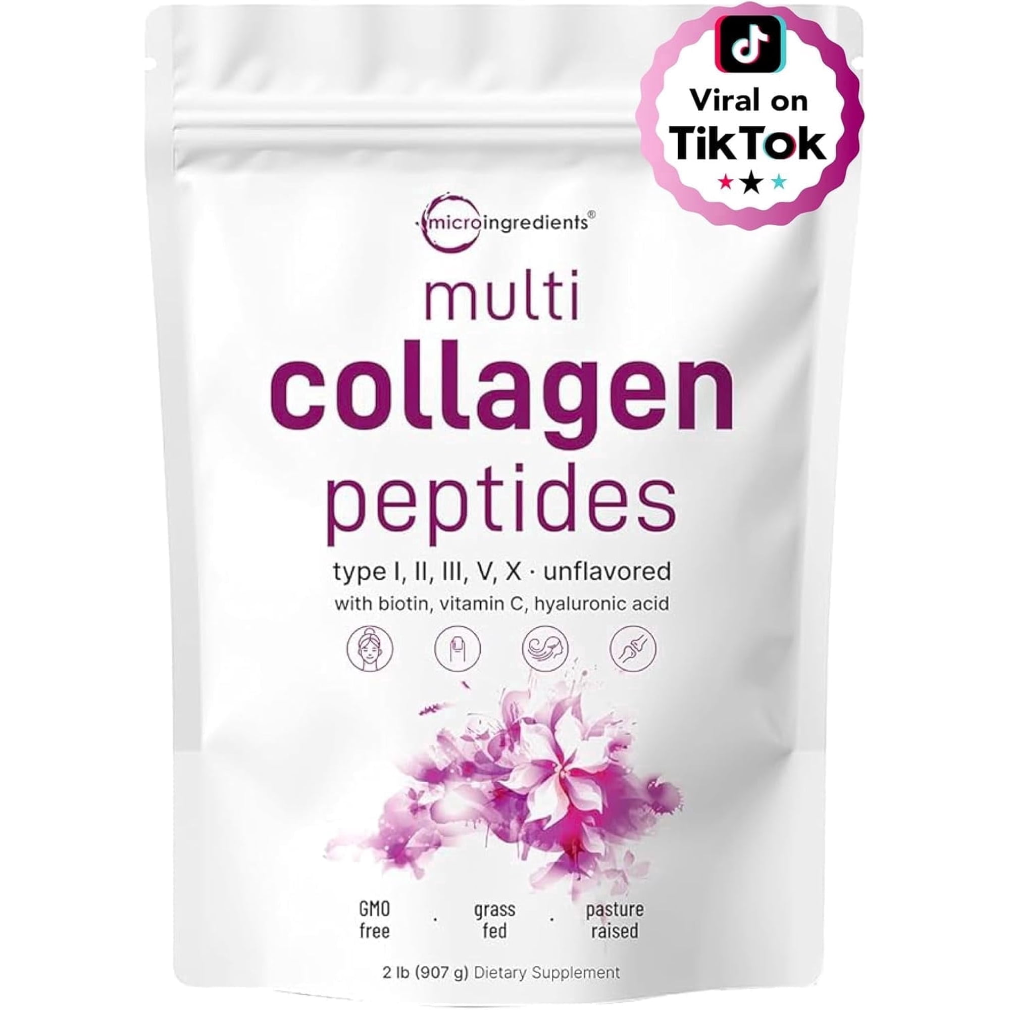 Micro Ingredients Multi Collagen Protein Powder, 2lb | Type I,II,III,V,X with Biotin, Hyaluronic Acid, Vitamin C - Unflavored Collagen Peptides