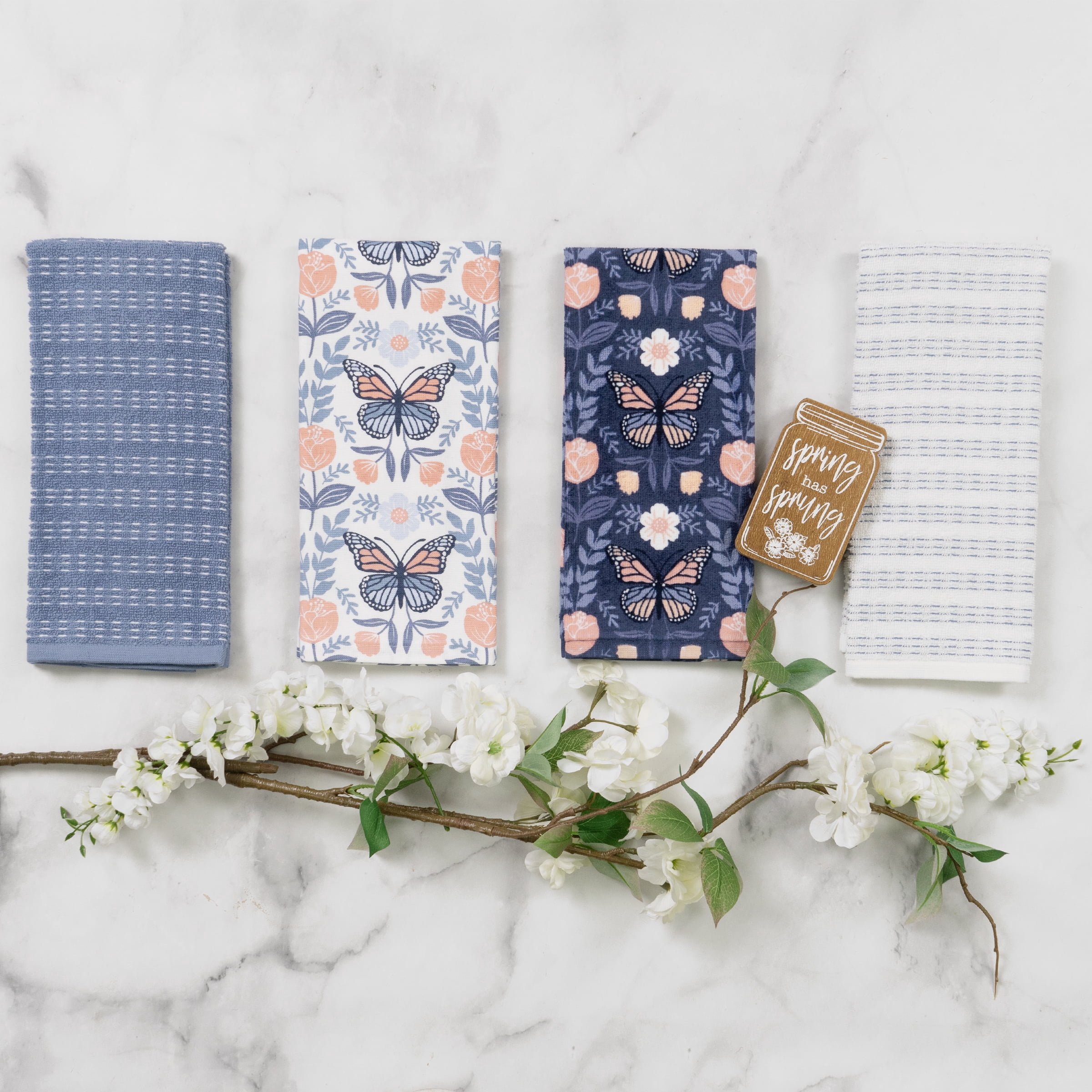 RITZ 100% Cotton Kitchen Towels, Butterfly Spring – Absorbent Dish Towels for Drying & Cleaning – Soft & Durable (Set of 4)