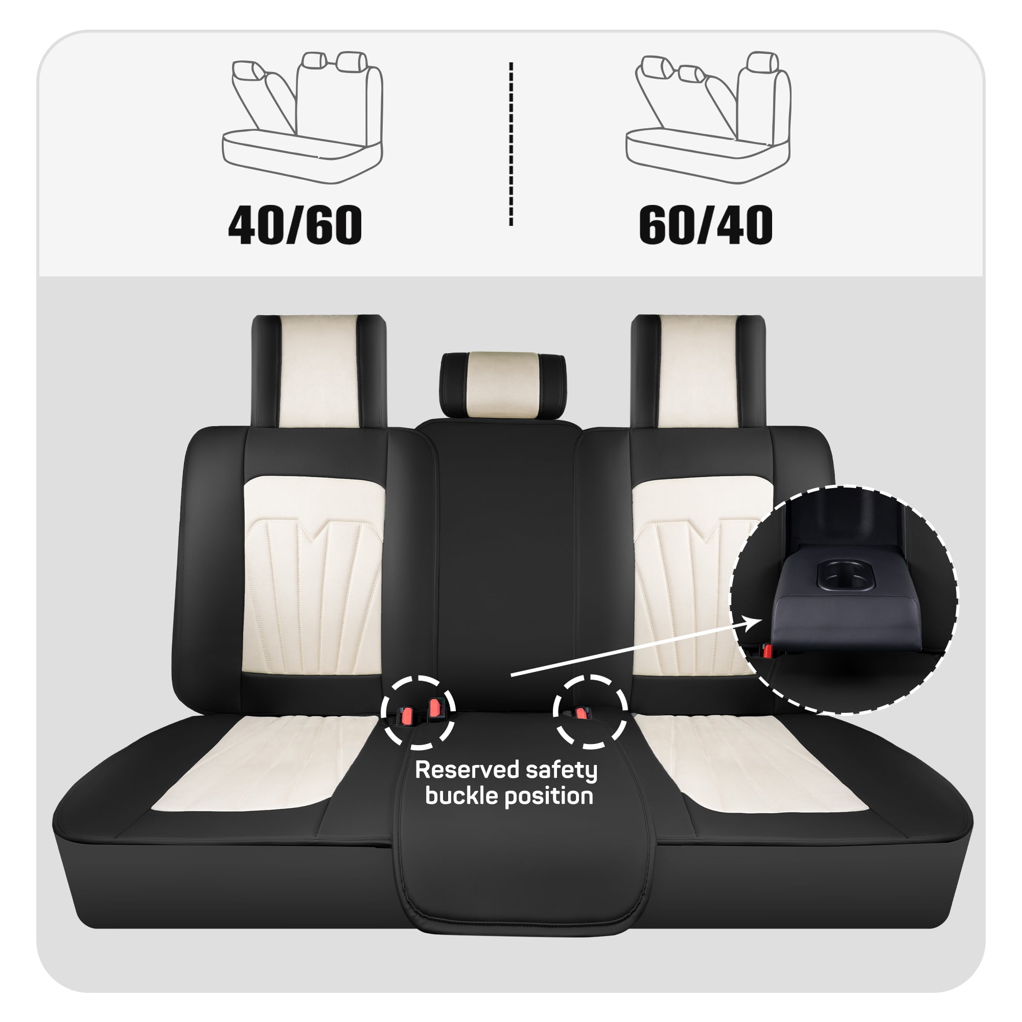 Caromop Universal Car Seat Covers Full Set,3D Foam Support in Velvet & PU Leather,Armrest Compatible for Cars, Trucks, SUVs (Beige/Black)