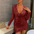 thumbnail image 2 of Sparkly Sequins Formal Dress for Women Long Sleeve Deep V Neck Ruched Mini Dress Cocktail Party Trendy Dress Green,XL, 2 of 6