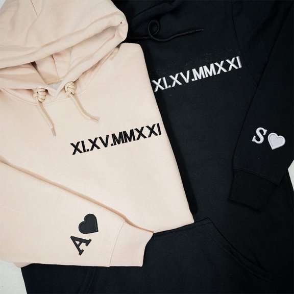 Personalized Embroidered Roman Numeral Matching Hoodie with Initial on Sleeve Valentine's Day Gifts for Couples Anniversary Gift