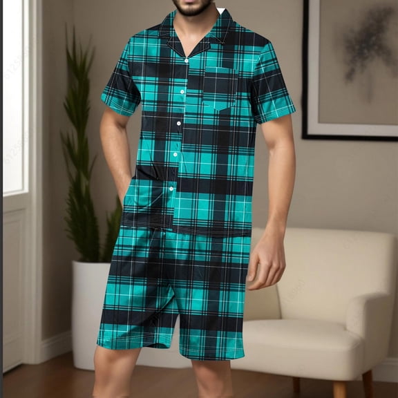 Asgosdo Men Pajamas Sets Plaid Pj Set 2 Pieces with Pocket Button Down Sleepwear Short Set, Mint Green