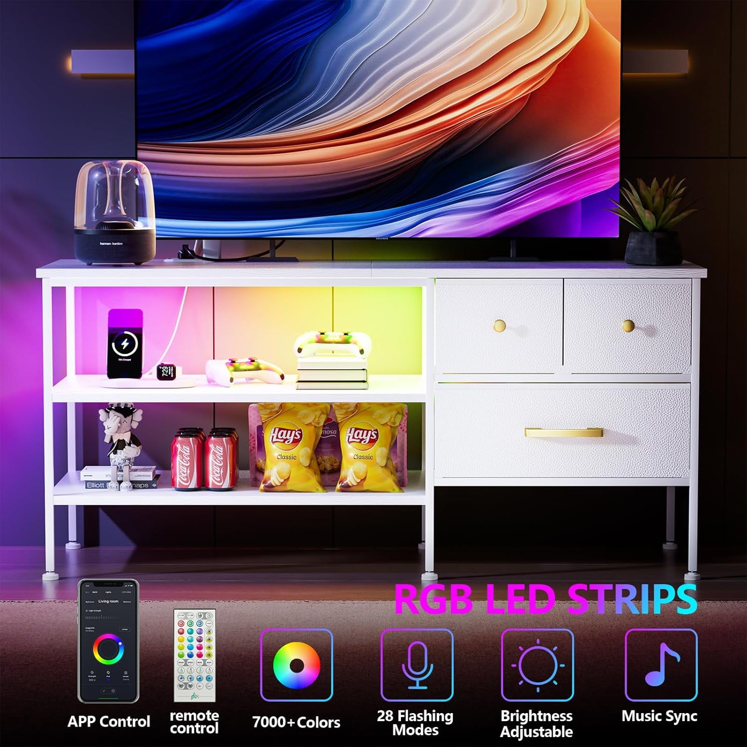 TV Stand with LED Lights & Power Outlet for 55 Inch TVs, Entertainment Center with 3 Storage Drawers and Shelves, TV Stands for Living Room and Bedroom, 50" TV Console, White