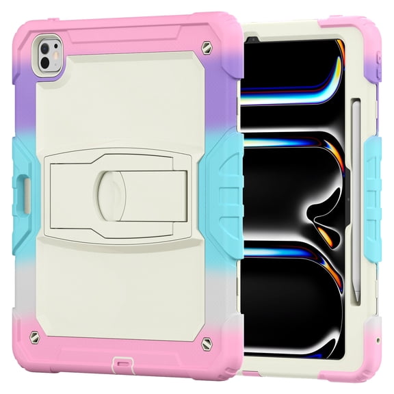 Case for iPad Pro 13 2024, Military Grade Protective Silicone PC Cover with Screen Protector & Adjustable Kickstand & Shoulder Strap & Pencil Holder & 3-layer Protection, Colorful Pink
