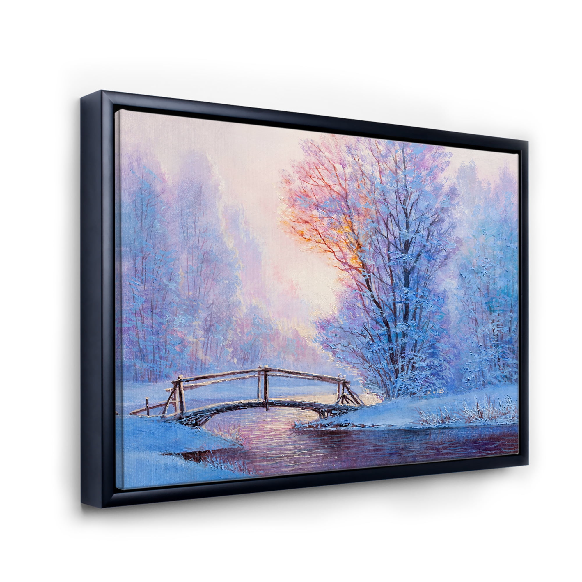 Designart 'Winter Landscape With A Bridge and A River' Lake House Framed Canvas Wall Art Print