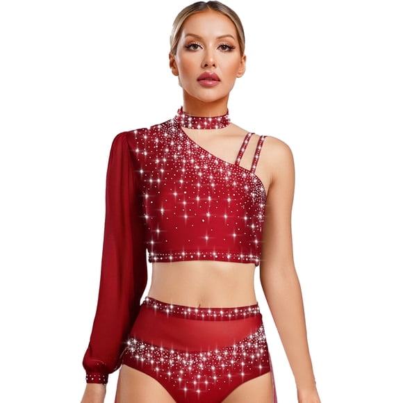 iiniim Femmes Haut de Danse en Strass Brillant Ballet Danse Adulte Contemporain Crop Tops Brillants Bourgogne TTG
