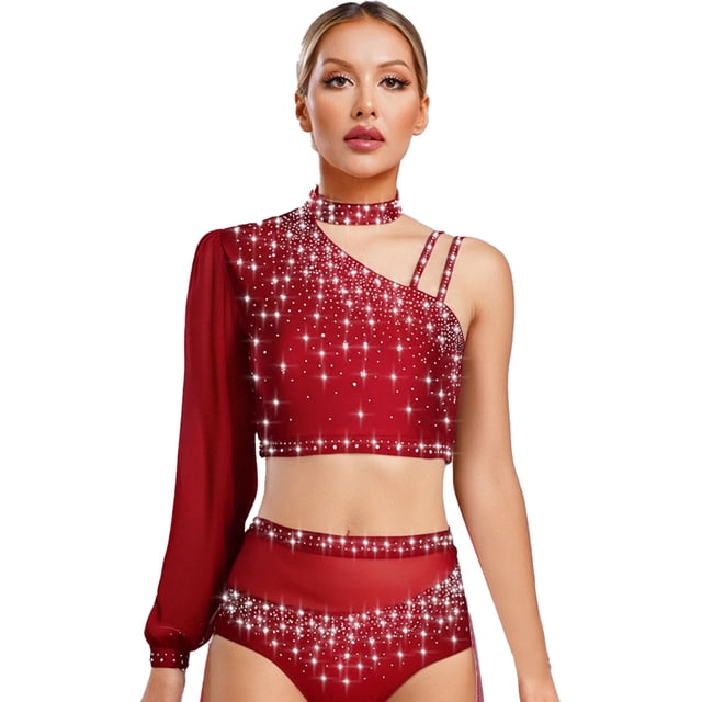 iiniim Women Shiny Rhinestone Dance Top Ballet Dance Adult Contemporary Shiny Crop Tops Burgundy L