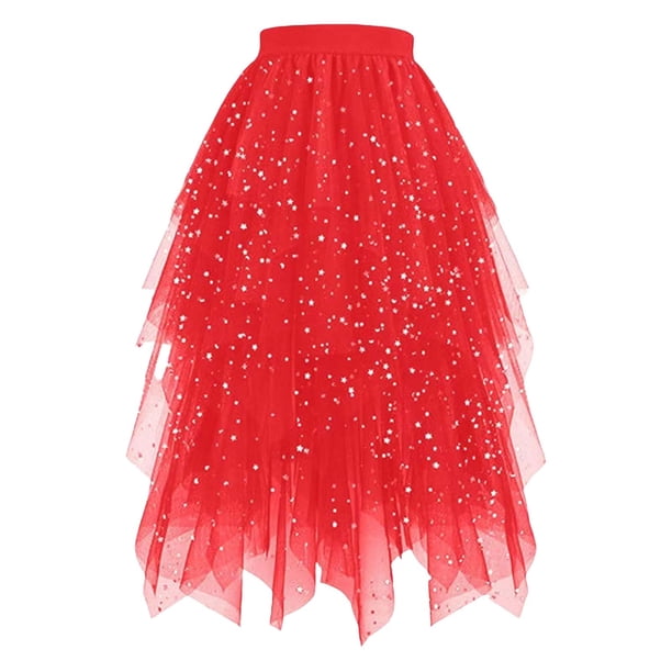 TaTaai Women's Star Print High Low Tulle Skirt Tiered Mesh Asymmetrical Sequin Maxi Length for Spring Summer Party Beach Vacation Daily Wear Gift