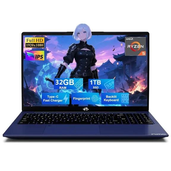 15.6'' IPS FHD Student Laptop, 32GB RAM 1TB SSD AMD Ryzen 5(Beat i5-1135G7, 4 Cores Up to 3.7GHz) Computer with 65W Type-C, Fingerprint, Backlit Keyboard, BT5.2, Blue