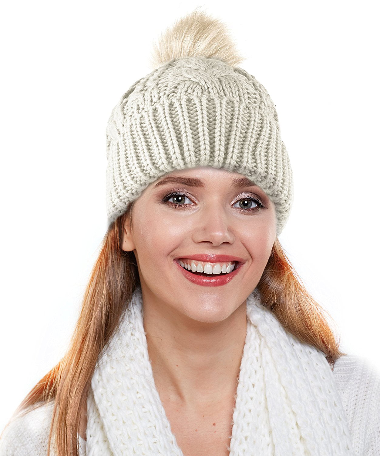 Girls Winter Cable Knit Pom Pom Beanie One Size Various Colors 