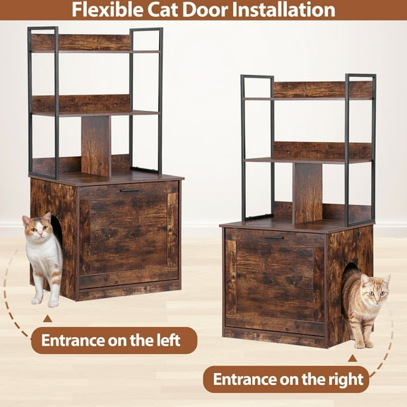 YKITRD Rustic Brown Multi-Functional Cat Furniture, Hidden Litter Box Enclosure, Cat House with Storage Shelves, Dog-Proof Cat Toilet Cabinet (MDF Iron)