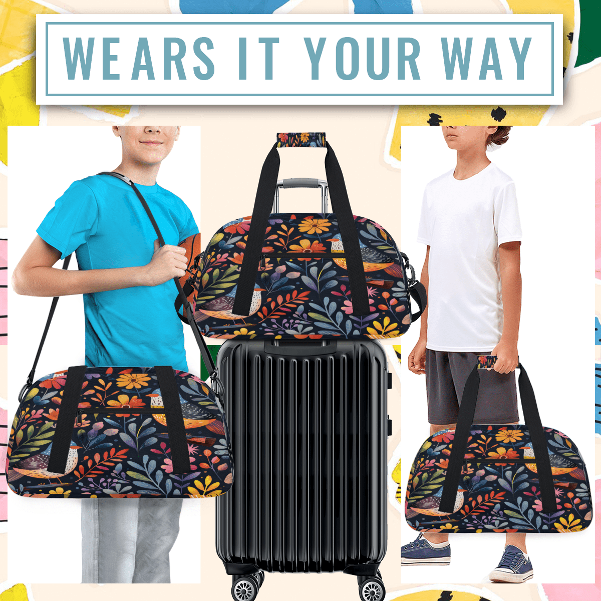 Herdesigns Floral Bird Sports Duffle Bag for Women & Men, Plant with Floral Gym Bag Dance Bag Overnight Bag Carry On Weekender Travel Bag