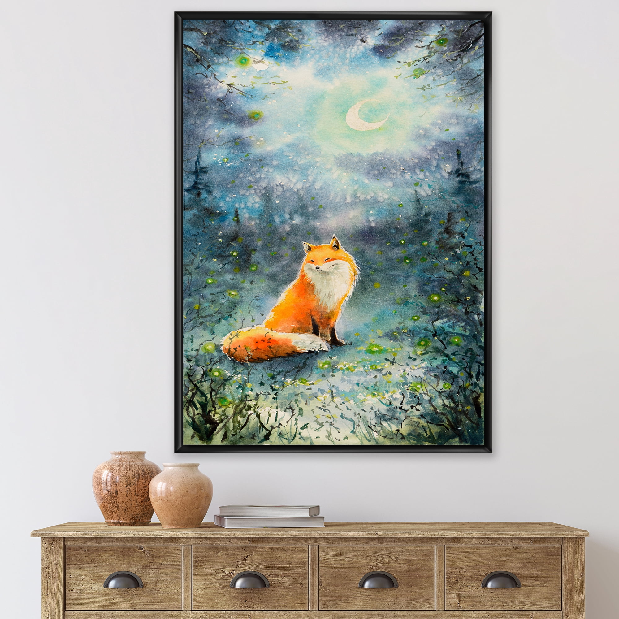 Designart 'Fox Over A Night Sky With Moon' Children's Art Framed Canvas Wall Art Print