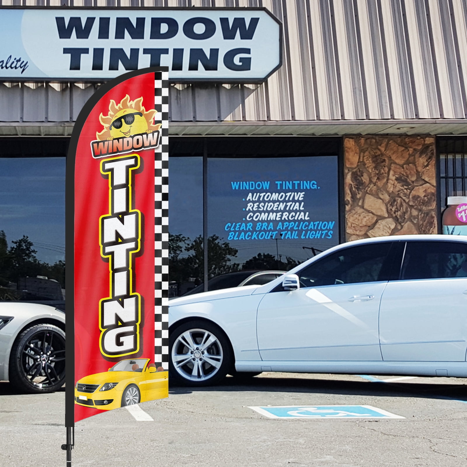 QSUM Window Tinting Feather Flag with Flag Pole Kit and Ground Spike, 8.2FT Window Tinting Windless Flag Banner Sign Business for Outdoor Advertising Sign Decoration Display
