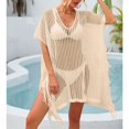 thumbnail image 4 of Traje de baño vestido de cubierta de punto cuello en V hueco Color puro lado borla dividida manga corta traje de baño vestido de cubierta albaricoque tamaño libre, 4 of 7