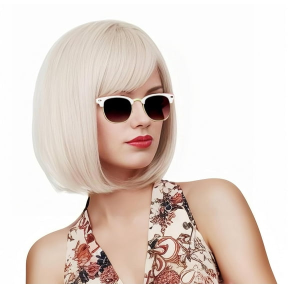 Platinum Blonde Short Straight Bob Wig with Bangs 12 Inches Synthetic Hair Wigs for Women and Kids with Wig Cap Platinum Blonde