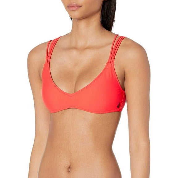 Volcom ELECTRIC CORAL Simply Solid V-neck Bikini Swim Top, US Large