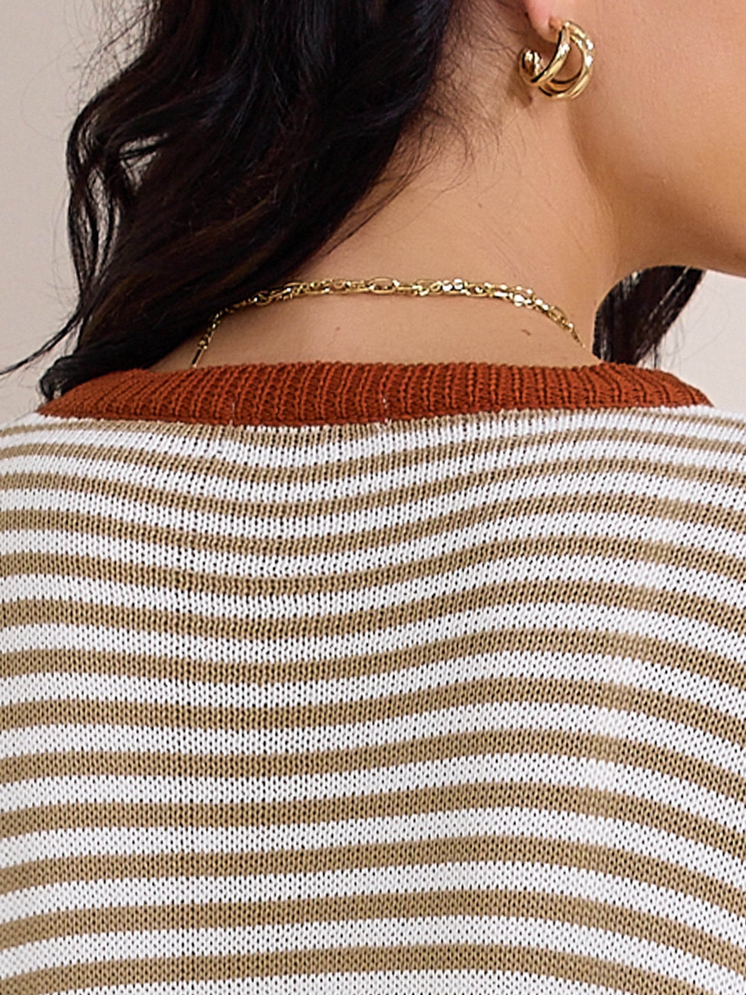 DARING DIVA Women's Striped Crew Neck Loose Knitted Sweatshirts S Khaki