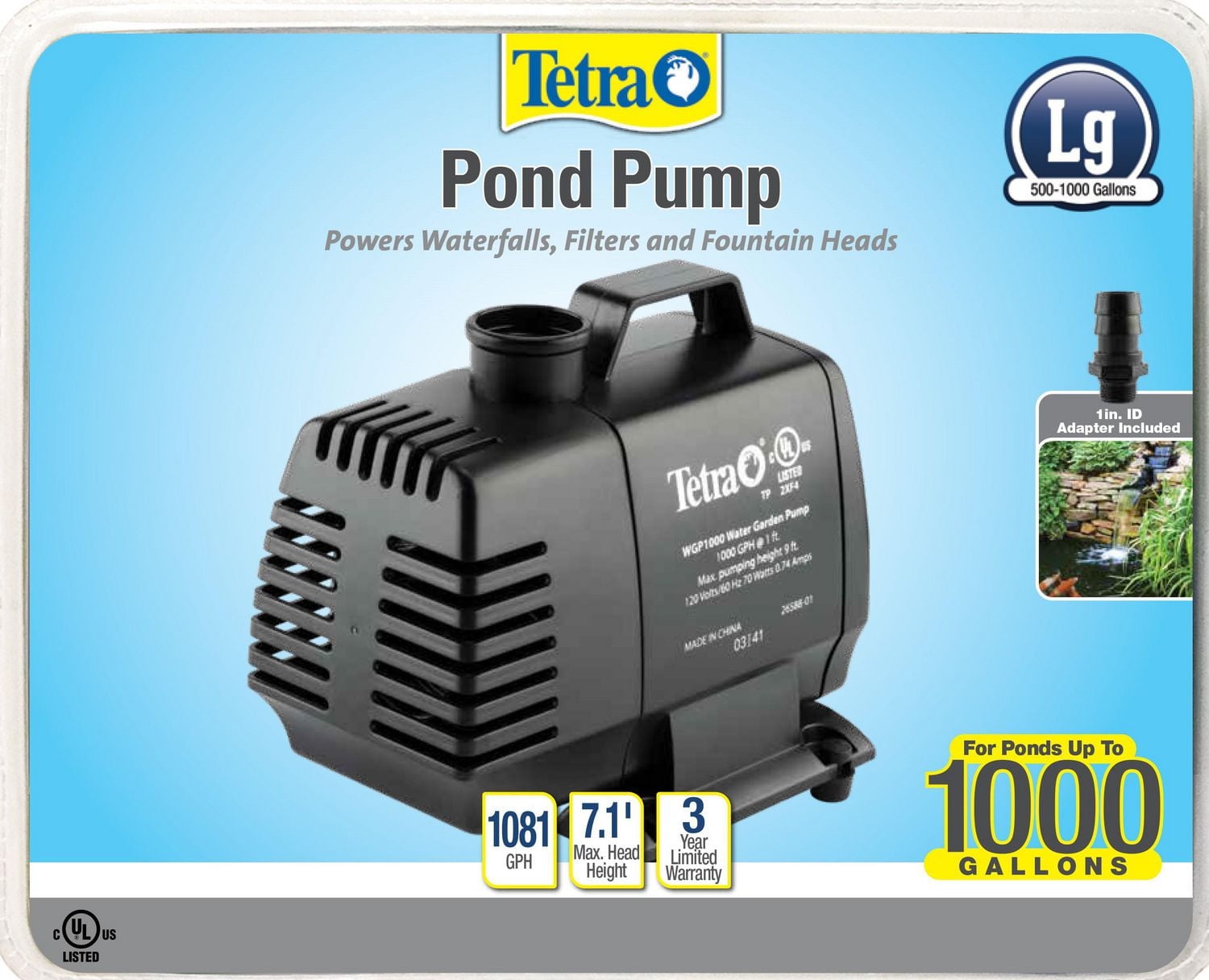Tetra Pond Water Garden Pump, 1000 GPH, for Large Waterfalls, Filters And Fountain Heads