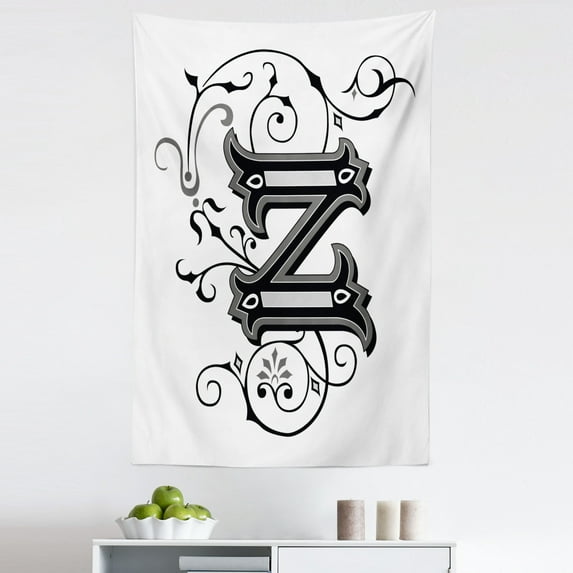 Letter Z Tapestry, Last Letter of Alphabet in Calligraphic Design Z Curls Swirls, Fabric Wall Hanging Decor for Bedroom Living Room Dorm, 5 Sizes, Black Grey White, by Ambesonne