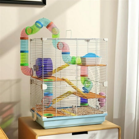 Pefilos 18" 5 Tiers Hamster Cage Portable Animal Travel Carrier, Rodent Gerbil Mouse Mice Rat Wire Cage with Exercise Wheels for Small Animal Habitats, Blue