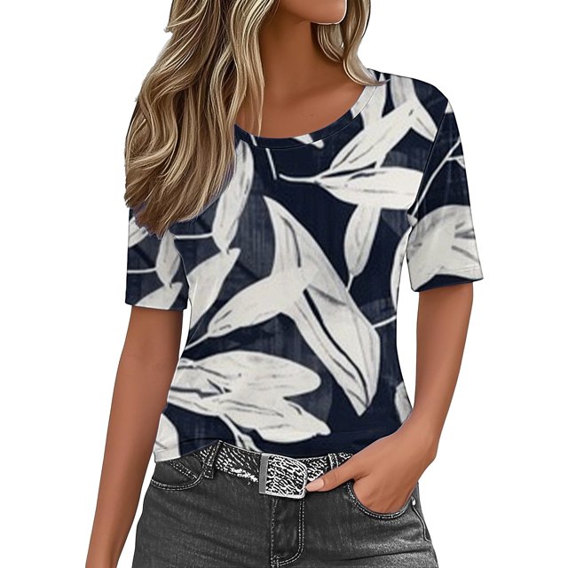 WZXFASHION Hauts d'Été pour Femmes 2025 Col Rond Manches Courtes T-Shirts Blouses Décontractées T-Shirts Imprimés Mignons Tenues Amples Tendance Liquidation T-shirt Manches Courtes pour Femmes
