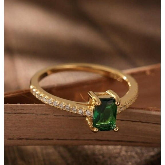 Jewelerix Emerald Cut Green Gemstone Ring in 10K Gold Vermeil with Dainty Pave Band, Elegant Engagement Promise or Anniversary Jewelry Gift for Her