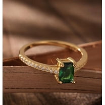 Jewelerix Emerald Cut Green Gemstone Ring in 10K Gold Vermeil with Dainty Pave Band, Elegant Engagement Promise or Anniversary Jewelry Gift for Her