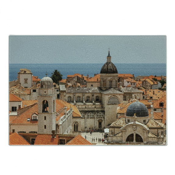 European Cutting Board, Aerial View on the Old City of Dubrovnik Walls Medieval Croatia European View, Decorative Tempered Glass Cutting and Serving Board, Small Size, Multicolor, by Ambesonne